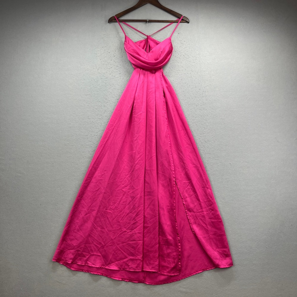 Hello Molly Maxi Dress Womens 2 Pink Satin Backless High Slit Formal Prom Party
